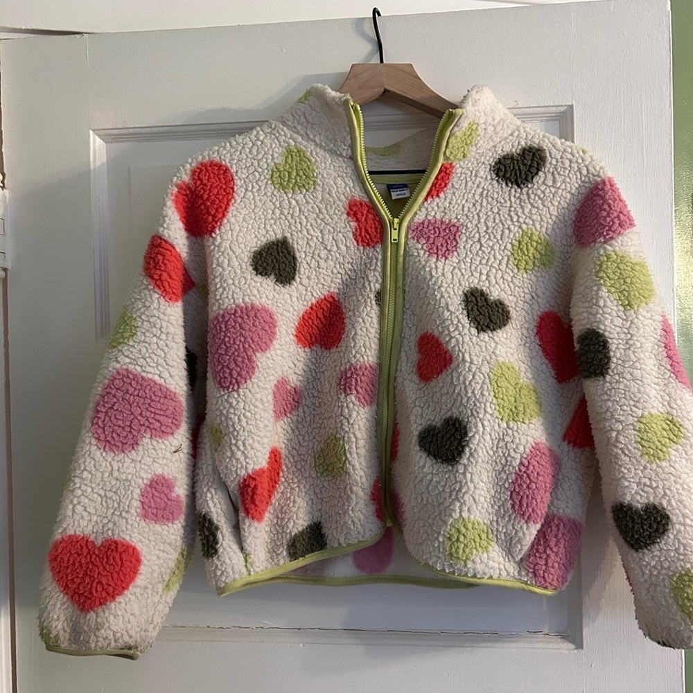 Old Navy Cream Sherpa Jacket with Pink, Red, Lime & Olive Hearts